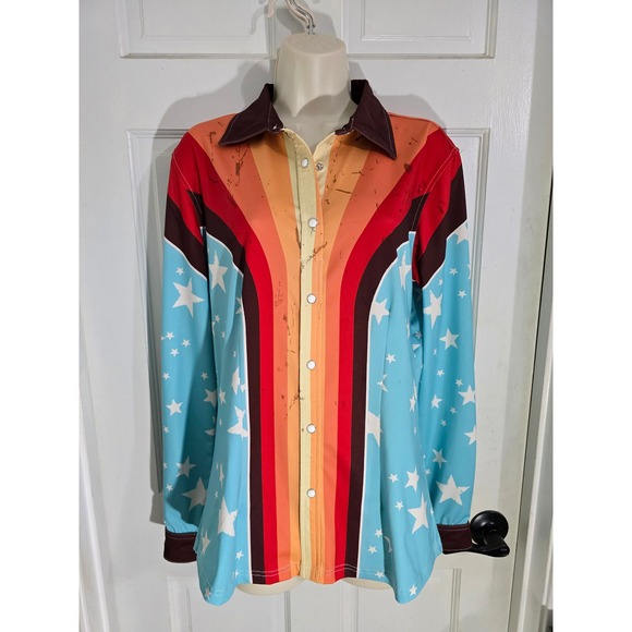 Ranch Dressn Western Style Long Sleeve Pearl Snap Shirt M Stars Stripes Retro - Picture 2 of 14